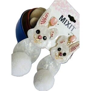 Mixit Cute Bunny Face & soft white pompom Tails Drop Dangle Fashion earrings 3"